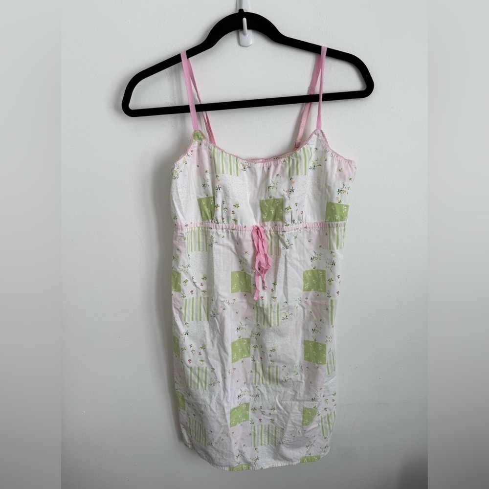 GAP Vintage Y2K Pink Green Patchwork Floral Bow Waist Babydoll Mini Dress Small